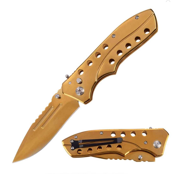 5.35" Closed Golden Push Button Automatic Clip Point Blade Knife