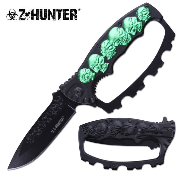 Z-Hunter Assisted Green Skull Folding Knife with Knuckle Guard