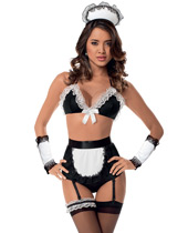 Retro Maid Bra, Arm Bands, Highwaisted Panty Garter Belt, Headpiece & Thigh Highs Black/White O/S