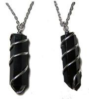 Black Obsidian Wrapped Stone 18 Inch Silver Chian Necklace