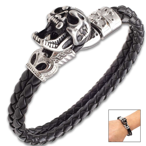 Evil Screaming Skull Black Braided Leather Bracelet - Stainless Steel Accents, Double Strand - One Size Fits All