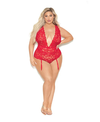 Euphoria Deep V Lace Teddiette w/Open Crotch & Butt Red QN