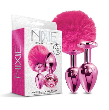 Nixie Metal Butt Plug Set w/Jewel Inlaid & Pom Pom - Pink Metallic