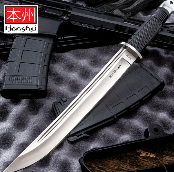 Honshu Tanto Knife And Leather Sheath - Stainless Steel Blade, TPR Handle, Stainless Steel Guard And Pommel