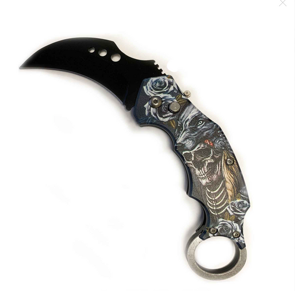 5" Closed Skeleton Push Button Karambit Knife Finger Ring - White