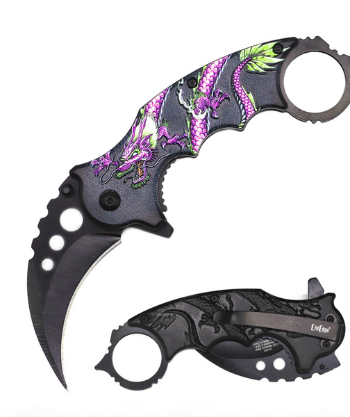 Karambit Tactical Spring Assist Knife With Finger Ring - Purple Dragon