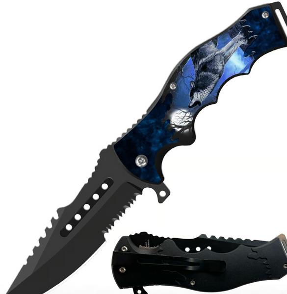 8.5" Tactical Wolf Howling Spring Assisted Folding Open Pocket Knife Razer Blade
