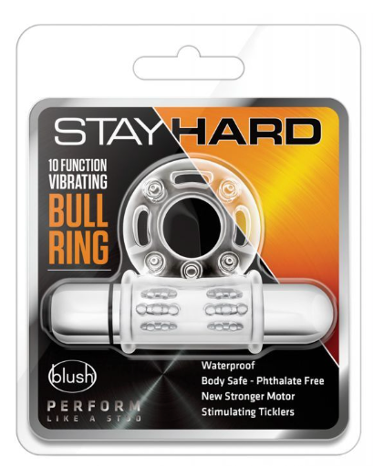 Blush Stay Hard 10 Function Vibrating Bull Ring Cock Ring - Clear