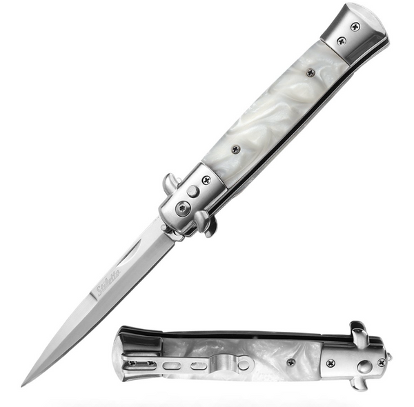 5" Closed Classic Stiletto Automatic SwitchBlade Knife - Mother Of Pearl