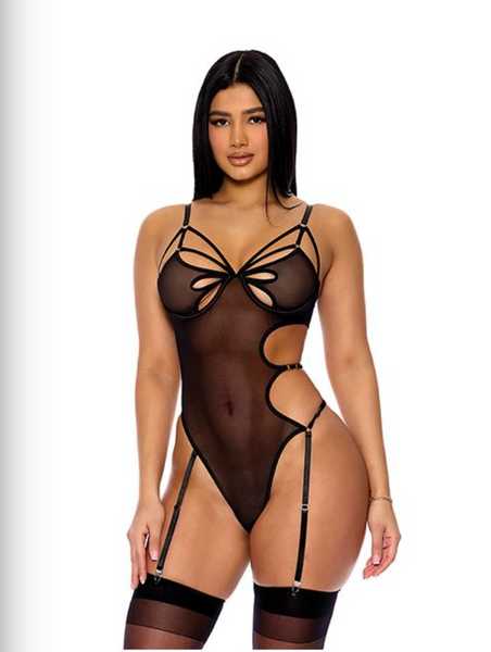 Feeling Butterflies Mesh Teddy w/Garters - Black LG