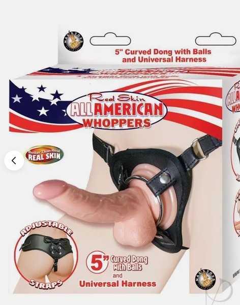 All American Whoppers 5" Curved Dong Balls Beige & Universal Harness