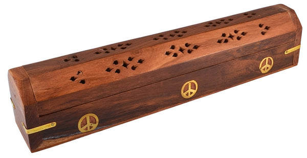 12" Peace Sign Coffin Incense Burner - Wood