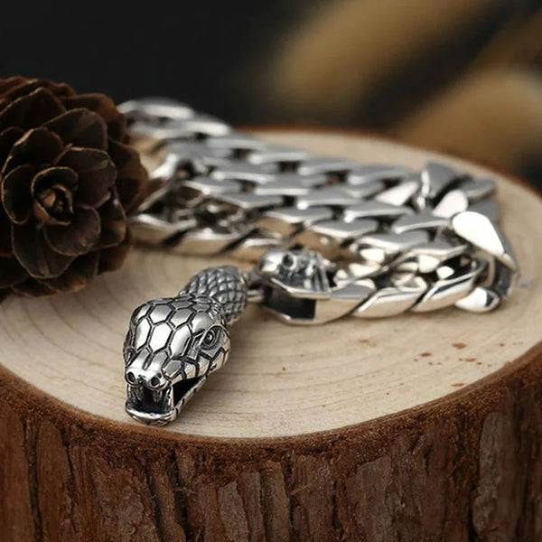 terling Silver Snake Head Buckle Bare Body Men's Bracelet