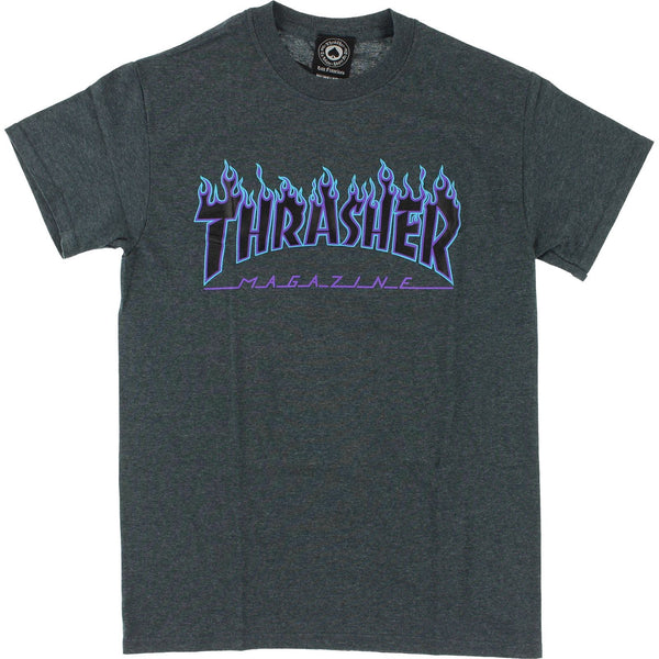 Thrasher Flame Logo T-Shirt - Dark Grey / Heather / Blue