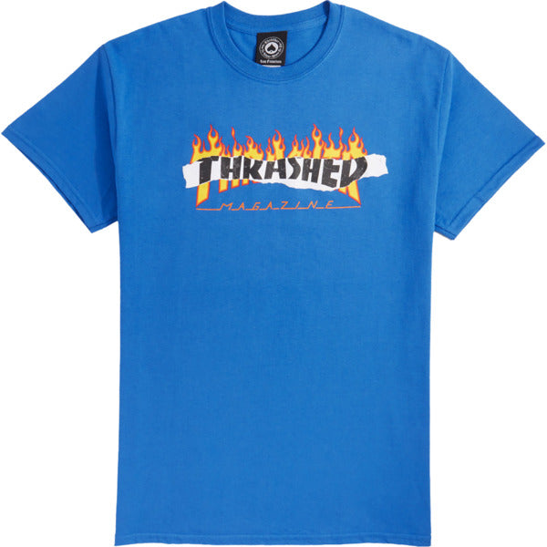 Thrasher Ripped Flame Logo T-shirt - Size LG / Royal