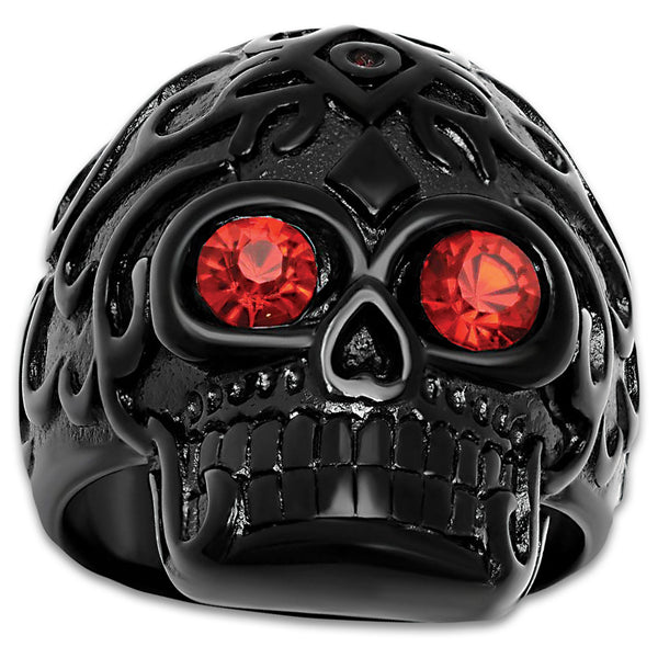 Black Skull Ring With Ruby Red Eyes