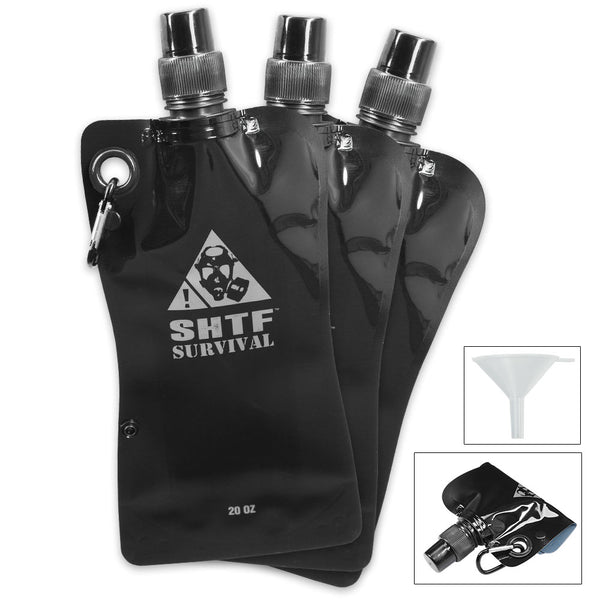 SHTF Survival Flask 3-Pack with Funnel, Carabiners