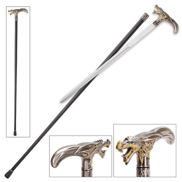 Roaring Silver and Gold Dragon Sword Cane