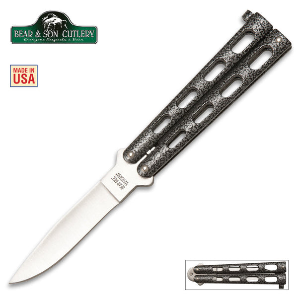 This Silver Vein Butterfly knife by Bear and Sons Cutlery is light and durable and a perfect fit for anyone! Each Bear & Sons knife is handmade in the USA in Jacksonville, Alabama. This item cannot be sold in CA, HI or NY.
