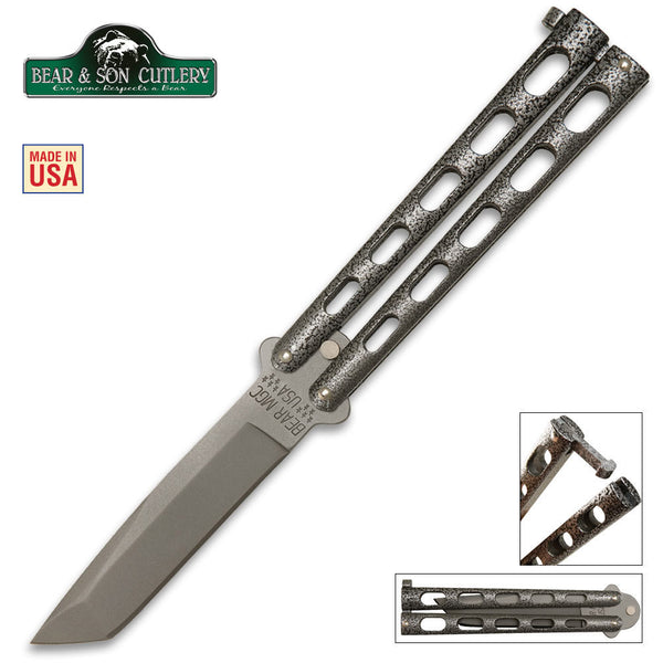 This Silver Vein Armor Piercing Damascus Tanto Butterfly knife by Bear and Sons Cutlery is light and durable and a perfect fit for anyone! It features a 5” Damascus stainless steel, hollow ground blade and Epoxy powder-coated handles. Each Bear & Son butterfly knife is handcrafted in the USA in Jacksonville, Alabama.