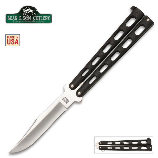 This Butterfly knife by Bear and Son Cutlery is light and durable and a perfect fit for anyone! It features a 5” hollow-ground, stainless steel blade and black die cast handles. Each Bear & Sons knife is handcrafted in the USA in Jacksonville, Alabama.  This item cannot be sold in CA, HI or NY.