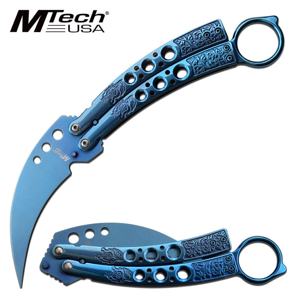 Butterfly Knife Trainer 4 Inch Blue Hawkbill Blade Balisong