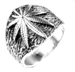 SILVER POT LEAF STAINLESS STEEL BIKER RING