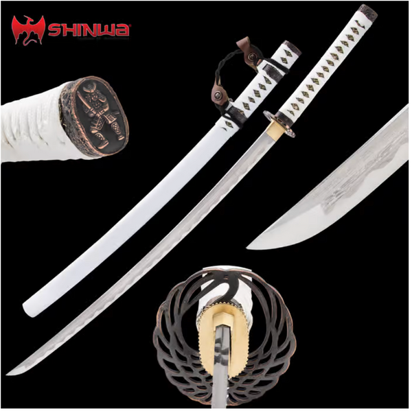 Shinwa White Genesis Tachi & Scabbard- Demascus Steel Blade - Leather Calvary