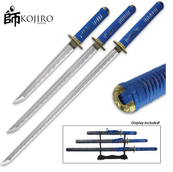 Kojiro Blue Mikado Sword Set - 1045 Carbon Steel Blades, Hardwood Handles, Cord-Wrapped, Metal Tsubas Kojiro Blue Mikado Sword Set - 1045 Carbon Steel Blades, Hardwood ...