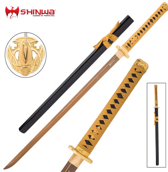 Shinwa Golden Warrior Katana w/Scabbard- Carbon Steel Blade- Brass Habaki