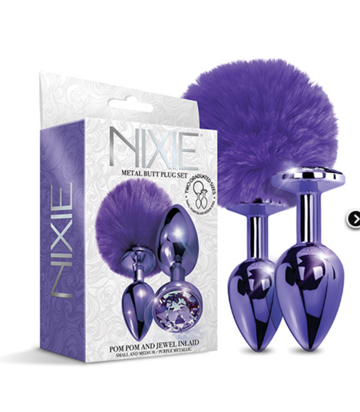 Nixie Metal Butt Plug Set w/Jewel Inlaid & Pom Pom - Purple Metallic