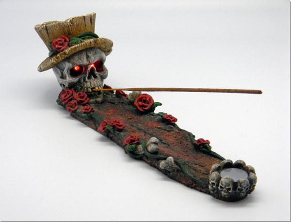 Skull With Roses Incense Burner Led Eyes