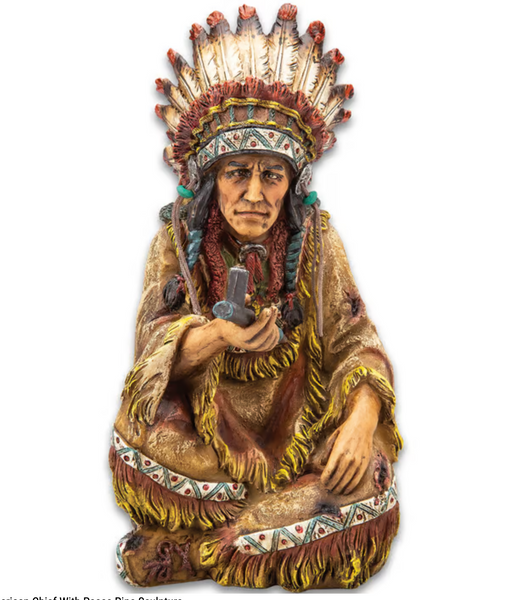Native American Chief With Peace Pipe Sculpture- Polyresin, Hand-Painted