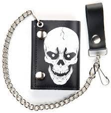 Large Skull Head Trifold Leather Wallets With Chain