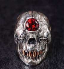Evil Monster Skull With Red Jewel Metal Biker Ring