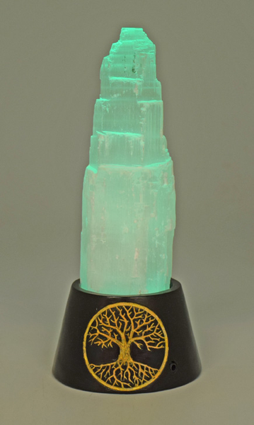 Selenite Crystal on a Tree of Life Base with Changing Color LED Lights