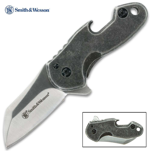 Smith & Wesson Drive Pocket Knife - High Carbon Steel Blade, Stainless Steel Handle, Integrated Bottle Opener, Lanyard Hole