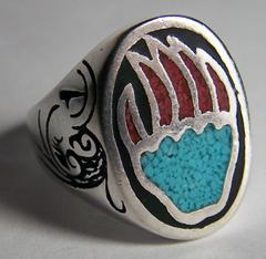 Inlayed Bear Paw Print Biker Ring