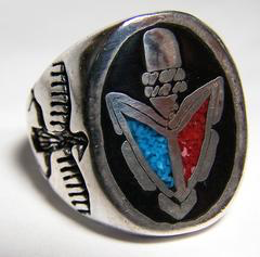 Inlayed Arrowhead Eagle Silver Deluxe Biker Ring