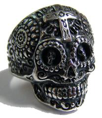 Sugar Skull Head W Cross Stainless Steel Biker Ring Size 11