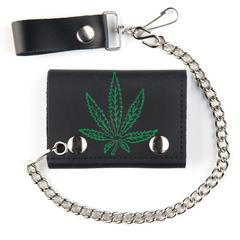 Marijuana Pot Leaf Trifold Leather Wallets W/ Chain