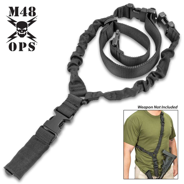 M48 Tactical Gun Sling - Nylon Webbing And Elastic Bungee, ABS Quick-Release Buckles, Metal Clip, Adjustable To Fit - Black