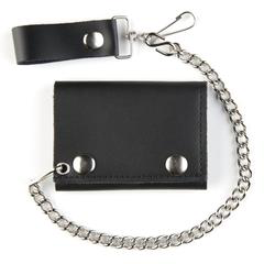 Plain Black Trifold Leather Wallets With Chain