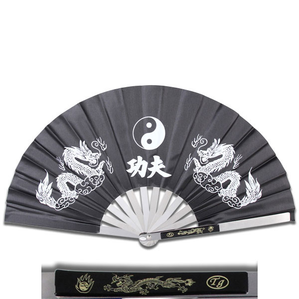 Metal Frame Kung Fu Fighting Fan - Yin Yang Dragons - Black